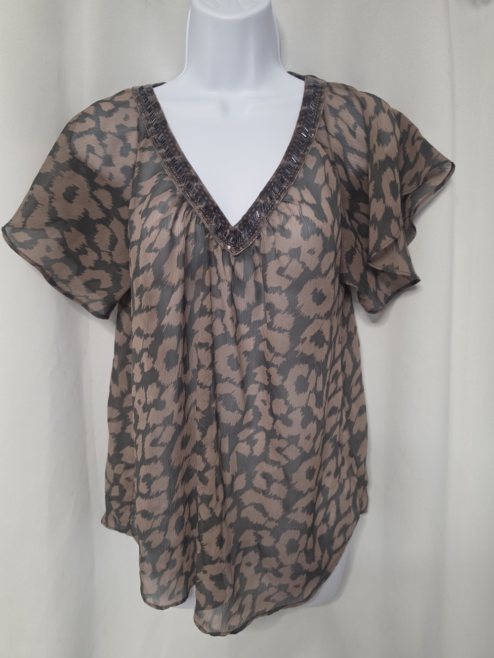 Express Taupe and Black Leopard Print V-Neck Blouse